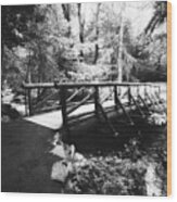 The Bridge Through The Woods In Black And White Wood Print