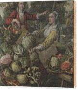 The Four Elements - Earth. A Fruit And Vegetable Market With The Flight Into Egypt In The Background Wood Print