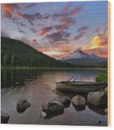 Mount Hood And Rowboat At Trillium Lake At Sunset Wood Print