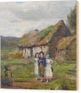 Three Children And A Dog Beside A Scottish Croft Wood Print