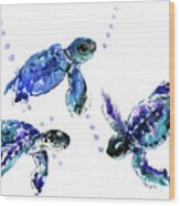 Three Sea Turtles, Blue, Turquoise, Purple Underwater Scene Turtle Artwork Wood Print