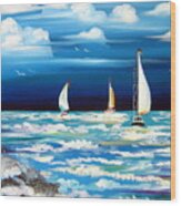 Three White Sails And A Seagull Wood Print
