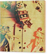 Toy Robots On Vintage Cassettes Wood Print