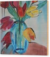 Tulips In A Blue Glass Vase Wood Print