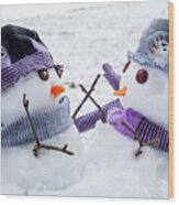Two Cute Snowmen Friends Embracing Wood Print