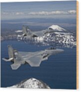 Two F-15 Eagles Fly Over Crater Lake Wood Print