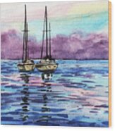 Two Sailboats At The Shore Watercolor Wood Print