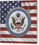 U. S. Department Of State - Emblem Over American Flag Wood Print