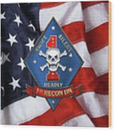 U S M C  1st Reconnaissance Battalion -  1st Recon Bn Insignia Over American Flag Wood Print