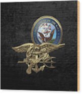 U. S. Navy S E A Ls Trident Over Black Velvet Wood Print