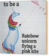 Unicorn Flying Pink Kite Wood Print