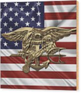 U.s. Navy Seals Trident Over U.s. Flag Wood Print