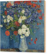 Vase With Cornflowers And Poppies Wood Print