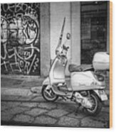 Vespa Scooter In Milan Italy In Black And White Wood Print