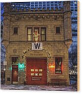 Vintage Chicago Firehouse With Xmas Lights And W Flag Wood Print