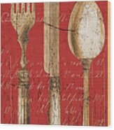 Vintage Dining Utensils In Red Wood Print
