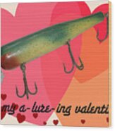 Vintage Fishing Lure Valentine Card Wood Print