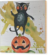 Vintage Halloween Cat Wood Print