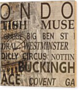 Vintage London Landmarks Collage,  Sepia Wood Print