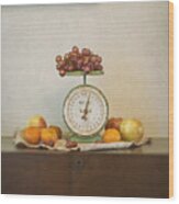 Vintage Scale And Fruits Painting Wood Print