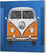 Volkswagen Type - Orange And White Volkswagen T 1 Samba Bus Over Blue Canvasvolkswagen Type - Orange Wood Print