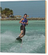 Wakeboarder Carving And Turning On A Wakeboard In Aruba Wood Print