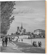 Walking Towards Notre Dame In Paris, Blk Wt Wood Print