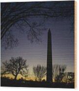 Washington Monument At Twilight With Moon Wood Print