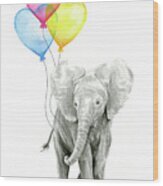 Watercolor Elephant With Heart Shaped Balloons Wood Print