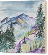 Watercolor - Long's Peak Summer Landscape Wood Print
