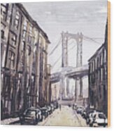 Watercolor Painting Of The Brooklyn Bridge As Viewed From Brookl Wood Print