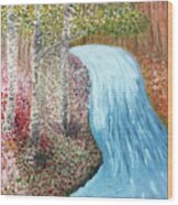 Waterfall And The 3 Birch Trees Wood Print