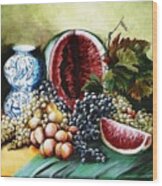 Watermelon With Blue Delft Jar Wood Print