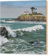 Wave Break And The Lighthouse Wood Print