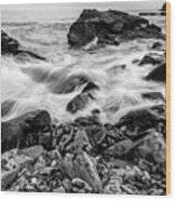 Waves Against A Rocky Shore In Bw Wood Print