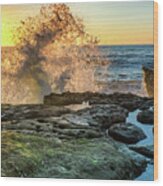 Waves At Sunset Cliffs Wood Print