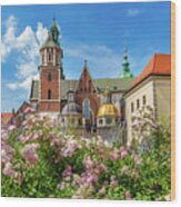 Wawel Cathedral, Cracow, Poland. View From Courtyard With Flowers. Wood Print