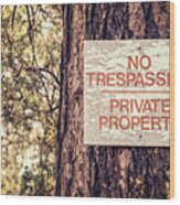 Weathered No Trespassing Sign On Tree Wood Print