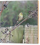 Winter Goldfinch In The Rain With Quotation Wood Print