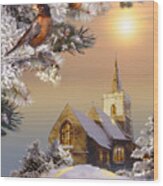 Winter Scene With Robins And Church Wood Print