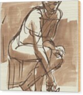 Woman Playing With Cat Wood Print