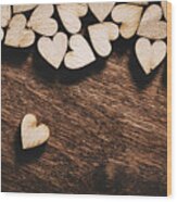 Wooden Hearts On Dark Wooden Background Wood Print