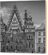 Wroclaw Main Market Square And Town Hall - Panorama Monochrome Wood Print