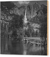 Yosemite Falls From Swinging Bridge In Black And White Wood Print