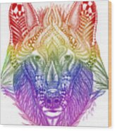 Zentangle Inspired Art- Rainbow Wolf Wood Print