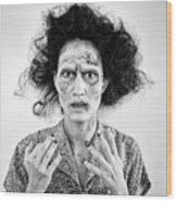 Zombie Woman Portrait Black And White Wood Print