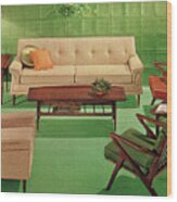Green Midcentury Living Room #1 Wood Print