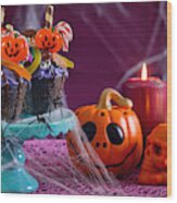 Halloween Candyland Drip Cake Style Cupcakes In Party Table Setting. #1 Wood Print