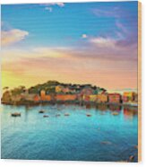 Sestri Levante, Silence Bay Sea Harbor And Beach View On Sunset. #1 Wood Print