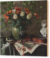 Still Life With Violin And Flowers #1 Wood Print